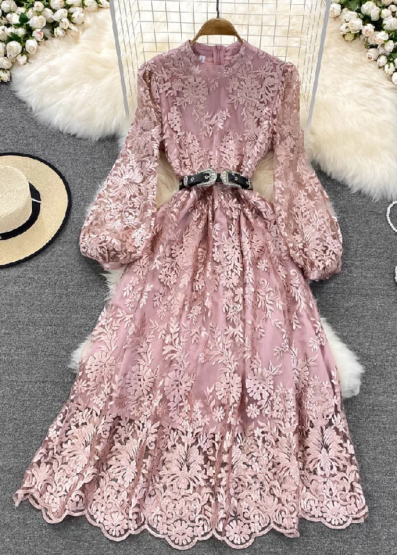 Enjoy Discount Women Pink O-Neck Embroideried Floral Tunic Sashes Tulle Maxi Dress Lantern Sleeve