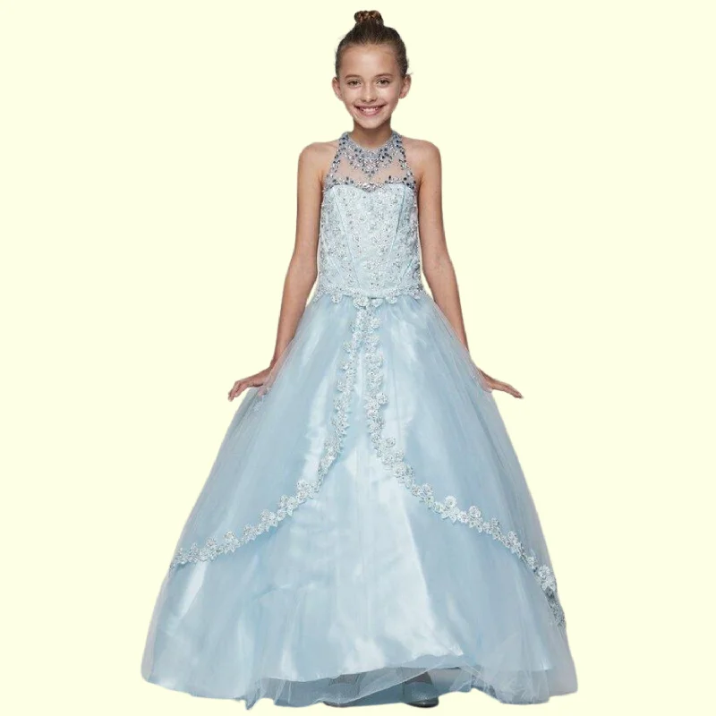 High-End Women’s Apparel Little Girls Blue Dazzling Rhinestone Pearls Halter Neck Pageant Dress 2-6