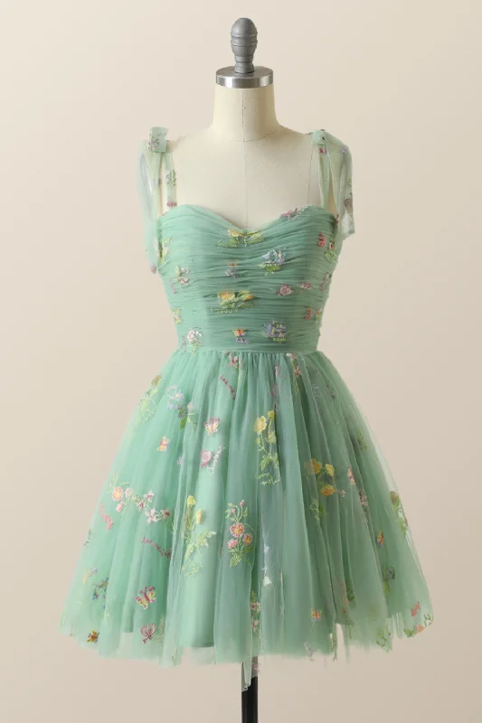 Everyday Wear Green A-line Floral Embroidered Short Party Dress