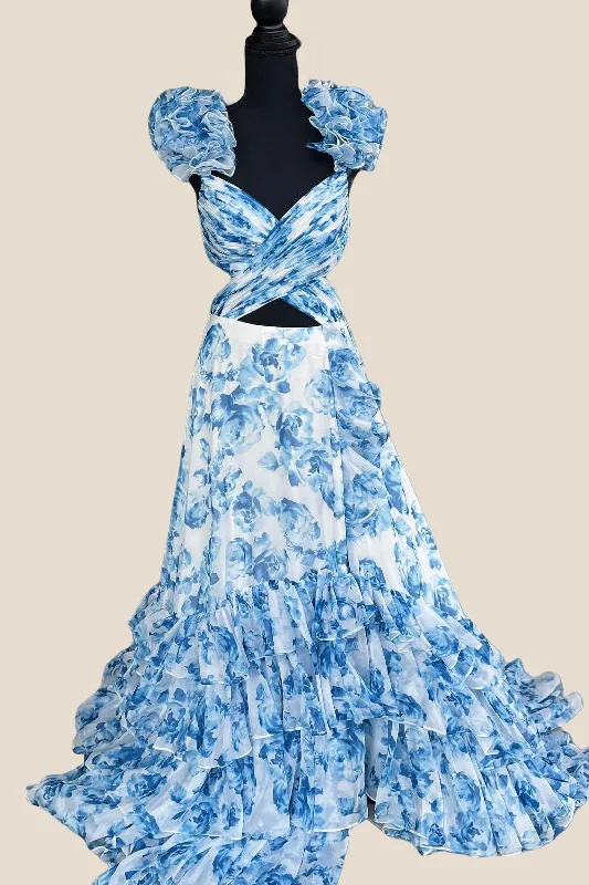 Casual Chic Clothing V-neck Blue Floral Print Ruffle Long Dress
