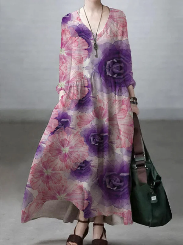 Casual Chic Ivory-purple flowerSimple and Loose V-neck Cotton and Linen Dress