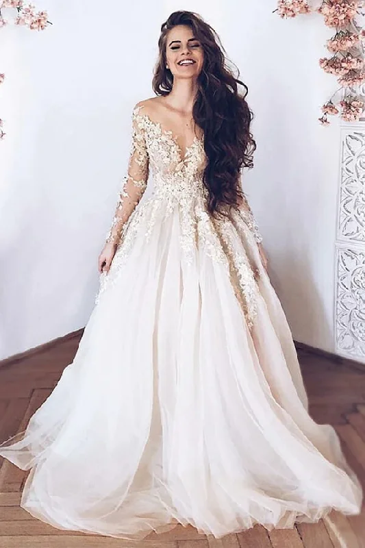 Sale On Clothing Roycebridal Tulle A-Line Long Sleeves Lace Appliques Wedding Dresses, Bridal Gown, MW822