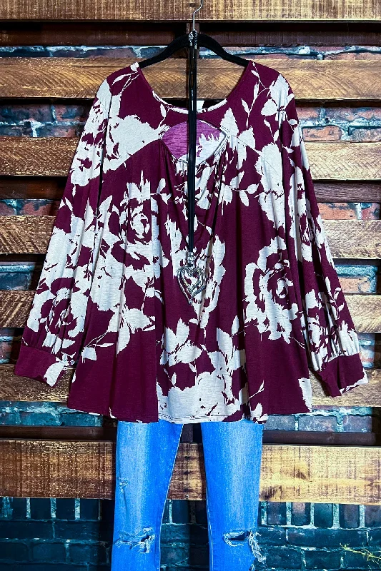 Casual Chic Clothing CHEERFUL MOMENTS WINE FLORAL TUNIC