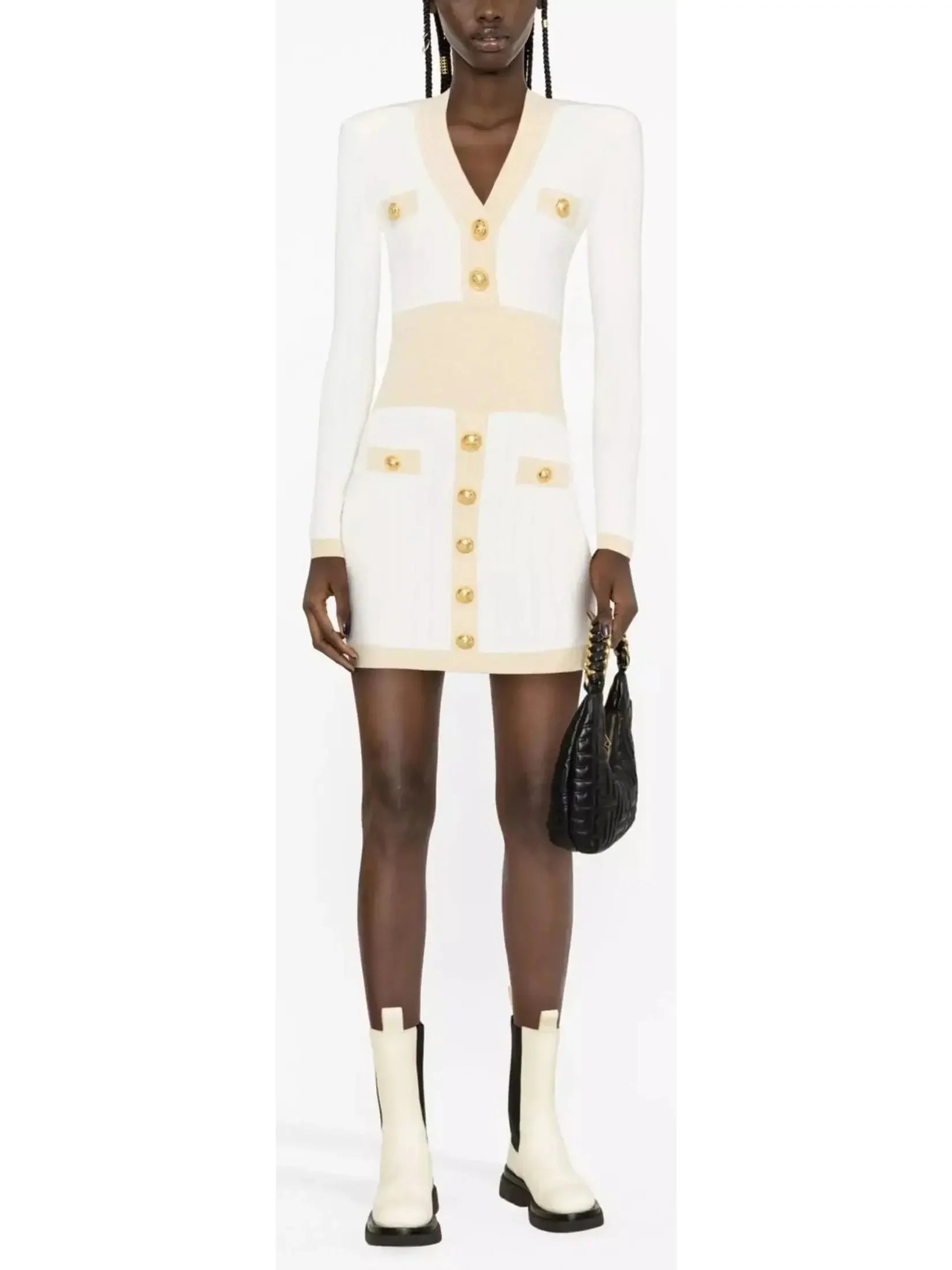 Season Appropriate Women's Collection Fitted Embossed-Button Mini Dress, White