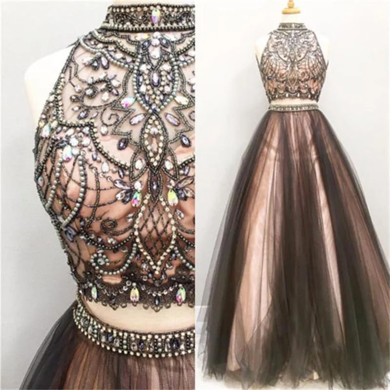Elegant Styles LP077  Crop Top High Neck Beaded Prom Gown For Girls ,Senior Formal Long Dresses