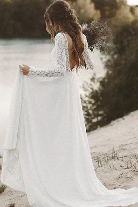 Urban Femme Streetwear Roycebridal Ivory Lace Long Sleeves A-line Chiffon Wedding Dresses, Bridal Gowns, MW526
