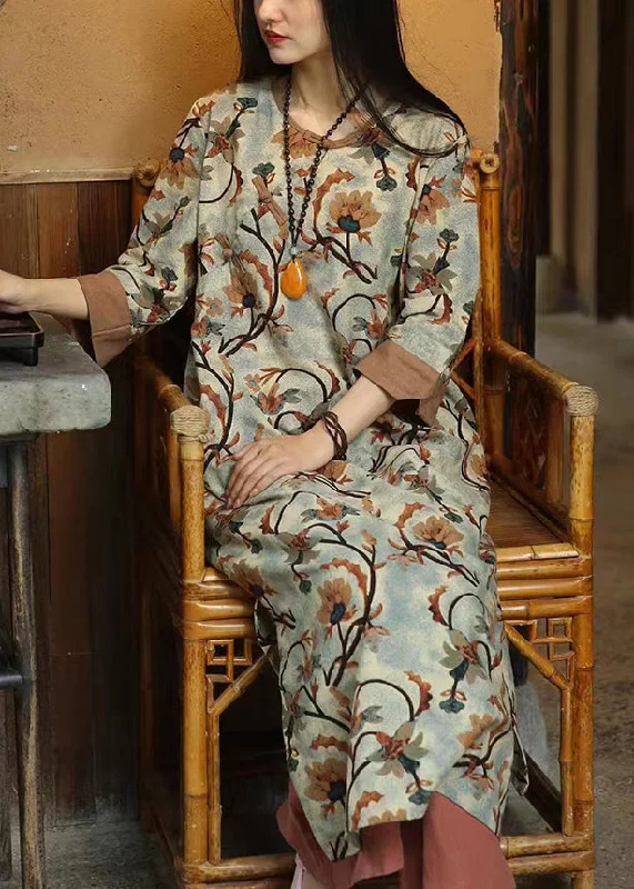 Time-Limited Deals – Shop This Weekend Women Brown Print Button Patchwork Cotton Dresses Bracelet Sleeve