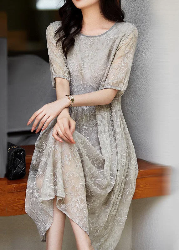 Big Savings On Stylish Women's Apparel Collections Women Grey Embroideried Wrinkled Patchwork Lace Dresses Summer