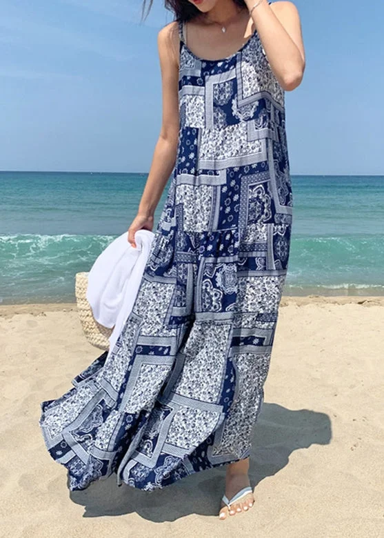Current Trends Bohemian Women Sleeveless O-Neck Printed Maxi Tank Dress Floral Blue