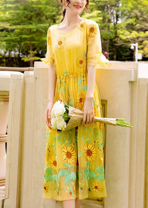 Premium Fashion At Budget-Friendly Prices Women Yellow Daisy Embroideried Tie Waist Silk Vacation Dresses Flare Sleeve