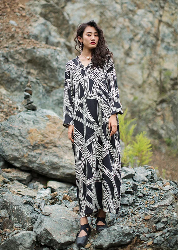 Fashion Forward, Function First French Black V Neck Print Silk Robe Dresses Fall