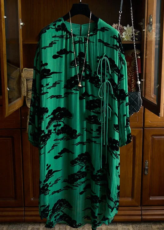 Best Deals On High-Quality Fashion – Shop Now Loose Green O Neck Print Lace Up Cotton Robe Dresses Fall