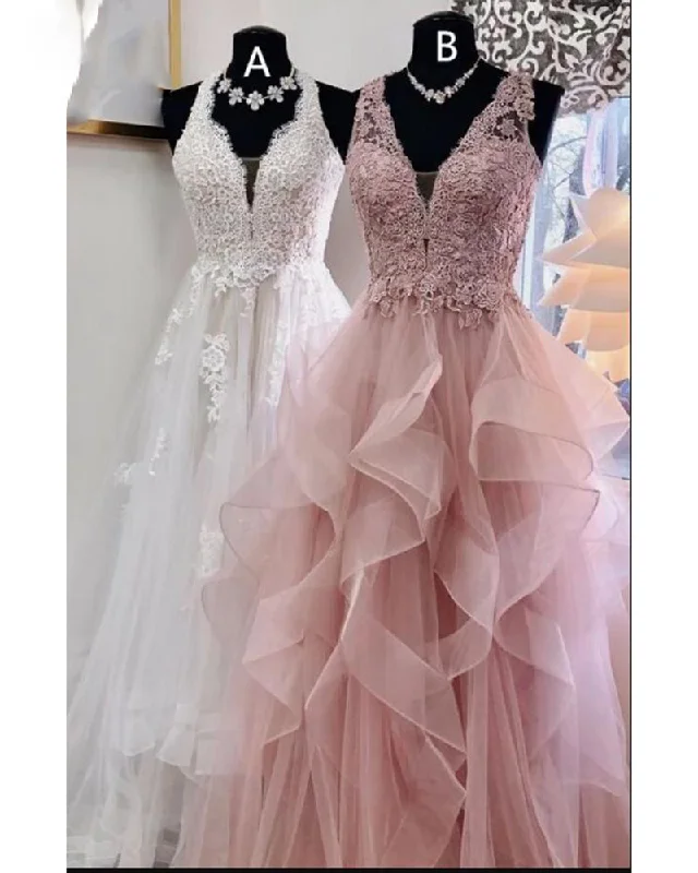 Flash Discount Rose Pink/White V Neck Layered Lace 2020 Girls Graduation Prom Dresses Long PL7810
