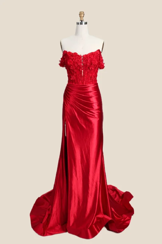 Premium Style Off the Shoulder Floral Appliques Ruched Mermaid Formal Dress