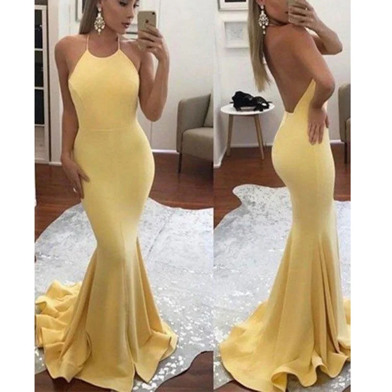 Clothes For Women Yellow Halter Fishtail Dress Girls Graduation Prom Dress Long Evening Gown LP878