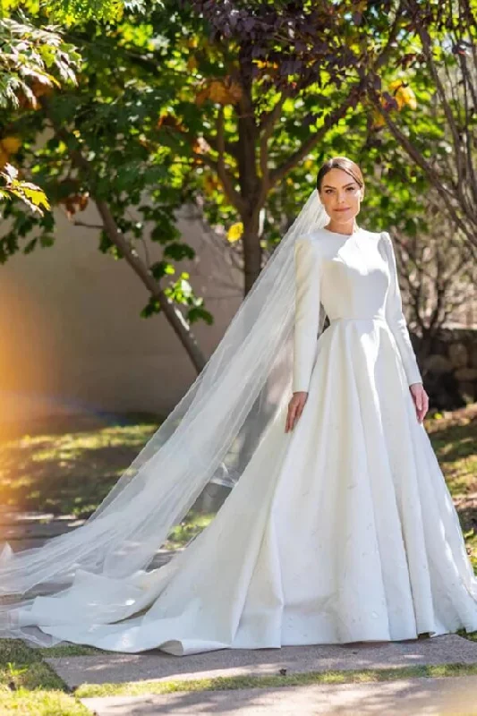 Best Clearance Sales Right Now Roycebridal Ivory Satin A-line Long Sleeves Embroidery Modest Wedding Dresses, MW835