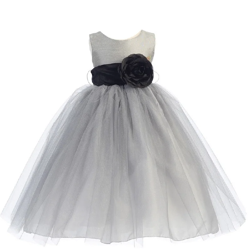 Elegant Women’s Clothing Big Girls Silver Black Sash Poly Silk Tulle Flower Girl Dress 7-12