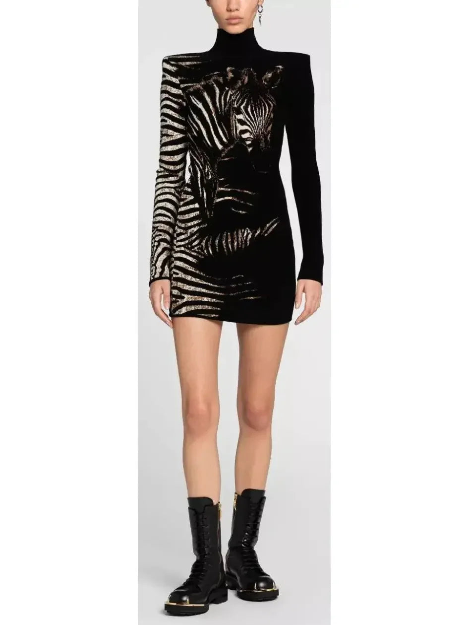 Season Sale Black and White Zebra Jacquard Mini Dress