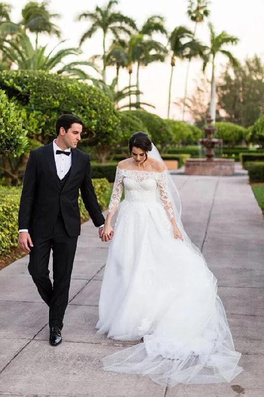 Wardrobe Upgrade Roycebridal Tulle A line Lace Long Sleeve Off Shoulder Wedding Dress, Bridal Gown, MW536
