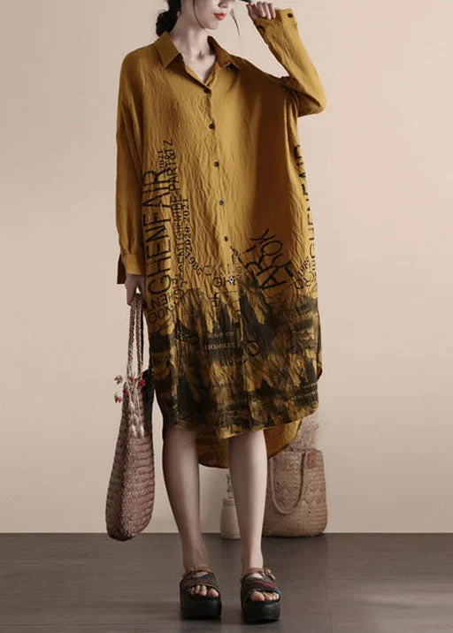 Limited-Time Clothing Sale – Grab Your Favorites Today Yellow Print Patchwork Linen Shirts Dresses Peter Pan Collar Spring