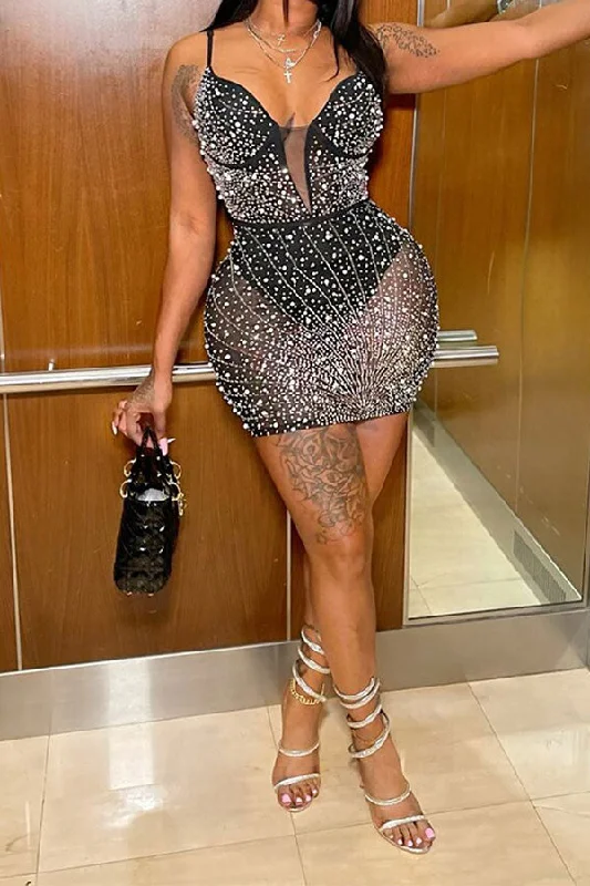 Must-Have Styles Beaded & Rhinestone Decor Glittery See-Through Mini Dress