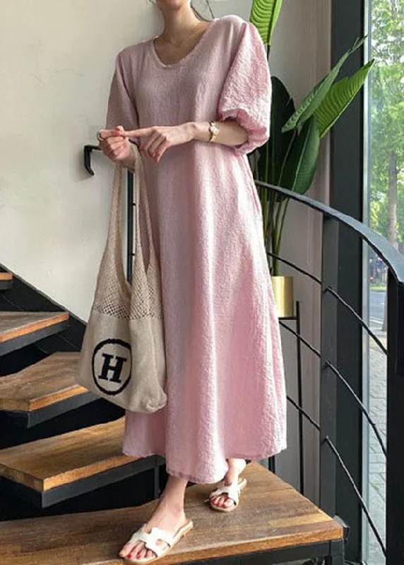 Premium Quality At Unbeatable Prices Classy Pink O-Neck Oversized Wrinkled Cotton A Line Dresses Puff Sleeve