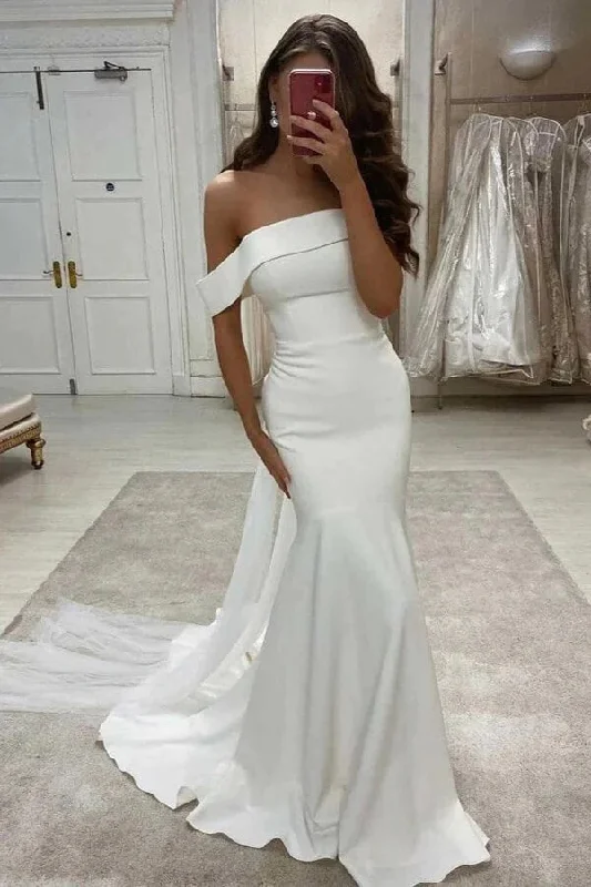 Women Wear Boutique Roycebridal Ivory Satin Mermaid Off-the-Shoulder Simple Wedding Dress, Bridal Gown, MW858