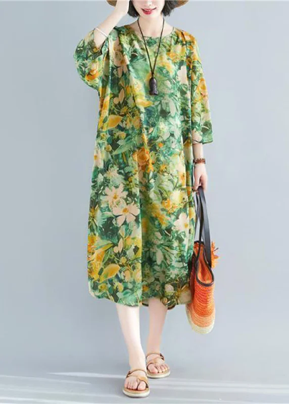 Limited-Time Offers On Top Styles Plus Size Green O-Neck Print Linen Robe Dresses Bracelet Sleeve