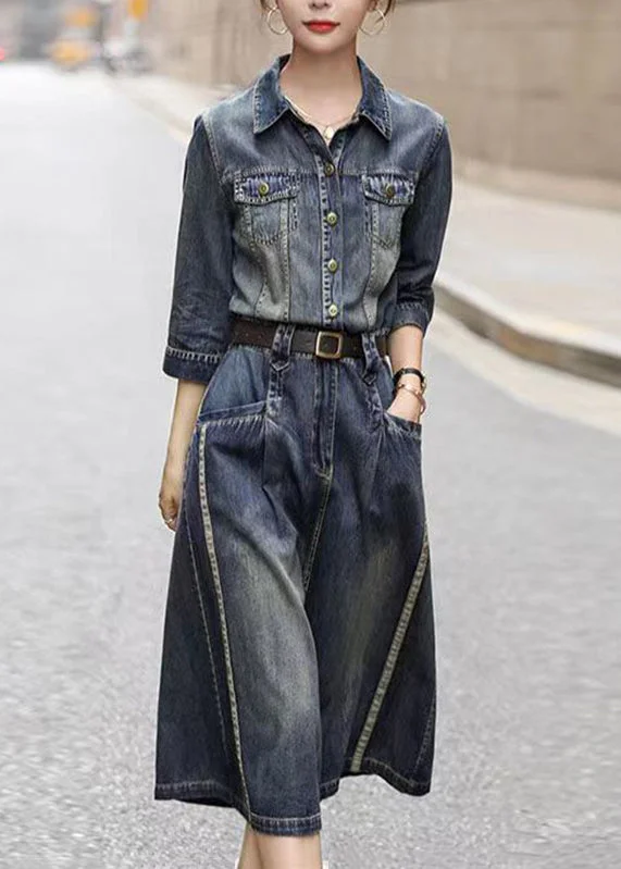 High-Quality Fashion At Discounted Prices – Shop Today Elegant Denim Blue Peter Pan Collar Patchwork Sashes Long Shirts Dresses Fall