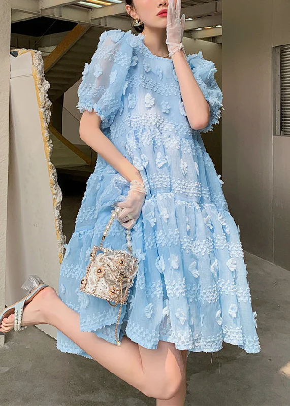 Affordable Online Boutiques Elegant Light Blue O-Neck Floral Zippered Long Dresses Puff Sleeve