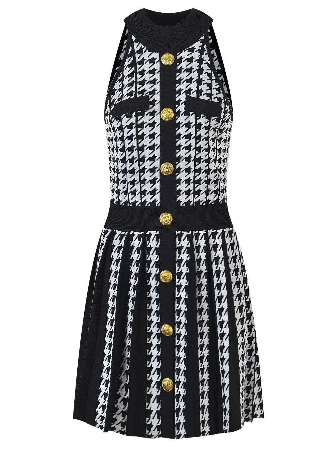 Holiday Glam Houndstooth Pleated Mini Dress, White and Black