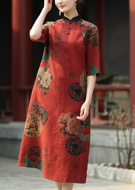 Affordable Luxury – Chic Clothing At Special Prices Vintage Red Stand Collar Print Pockets Silk Dresses Summer