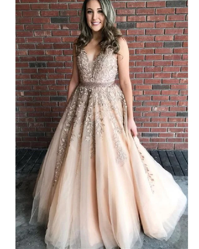 Chic Women’s Clothing for Work and Travel Dreamy Champagne Gold Lace V Neck Tulle Long Girls Senior Graduate Prom Dress 2020