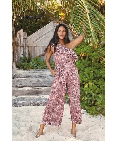 Relaxed Style Berry Print One Shoulder Jumpsuit