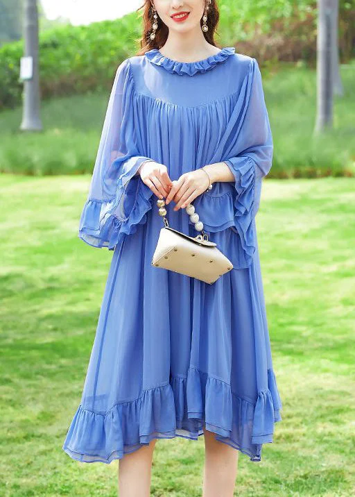Shop Timeless Women's Fashion With Limited-Time Savings French Blue Ruffled Patchwork Silk A Line Dresses Flare Sleeve