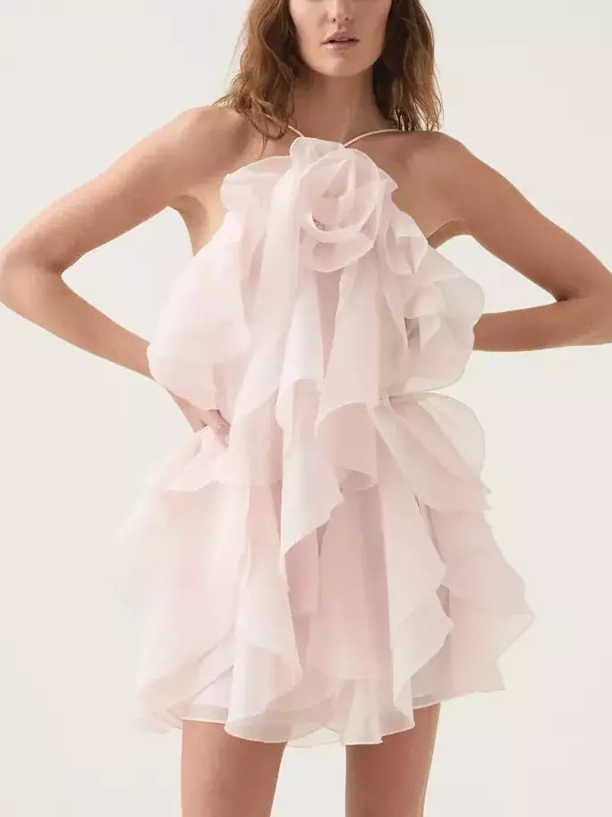 Trend Alert Layered Chiffon Mini Dress with Rose Applique in Light Pink