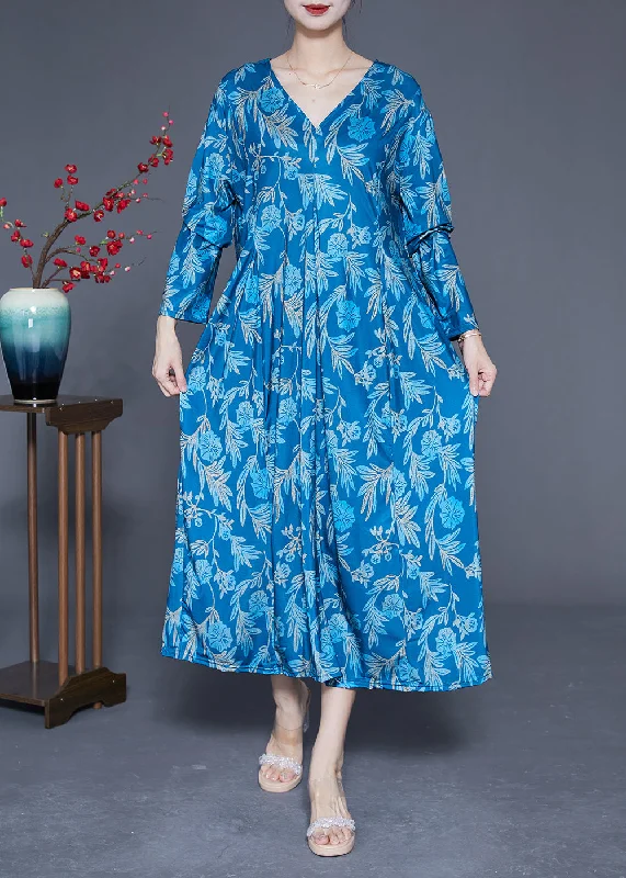 Affordable Luxury – Shop Women's Fashion At Discounted Prices Blue Print Silk Holiday Dresses V Neck Oversized Spring