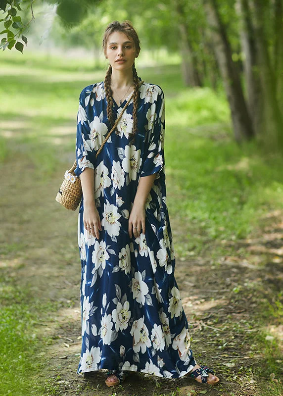 Outlet Clothing Plus Size Blue V Neck Floral Cotton Robe Dress Summer