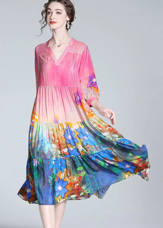 Affordable Women's Clothing Sale Online Elegant Colorblock V Neck Print Wrinkled Silk Dresses Bracelet Sleeve