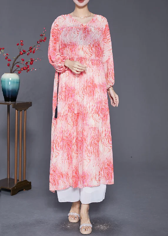 Flash Sale On Fashion – Act Fast Women Pink Cinched Print Chiffon Vacation Dresses Fall