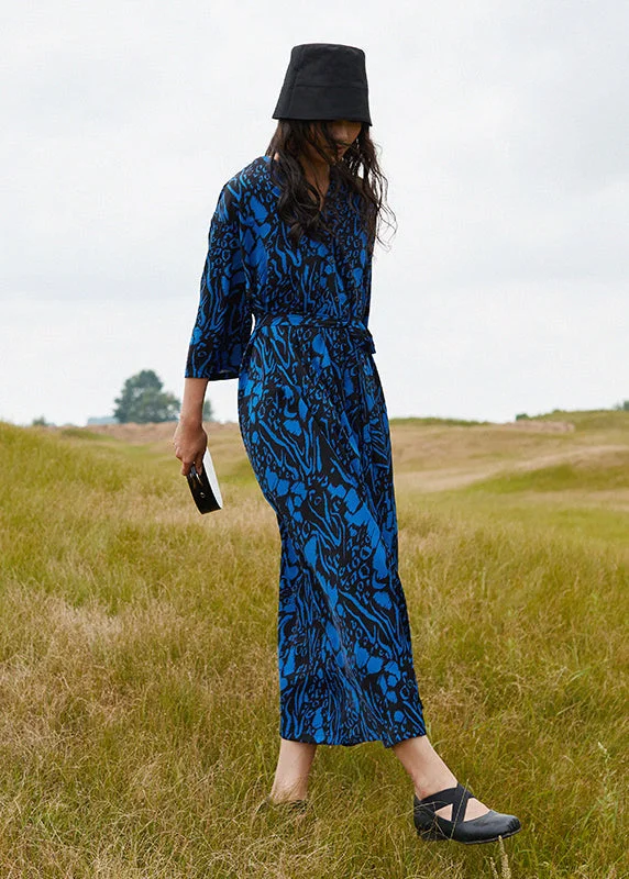 Stylish Loungewear for Women Bohemian Blue V Neck Print Cotton Robe Dresses Summer