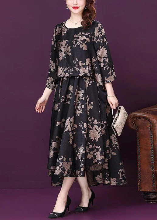Clearance Event Organic Black O Neck Print Asymmetrical Design Silk Dress Summer