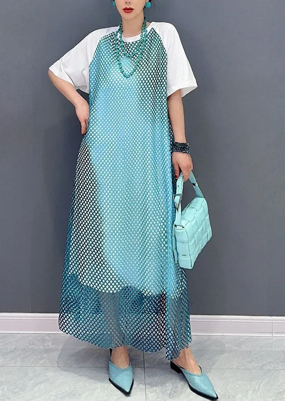 Sustainable Fashion Extravaganza Modern Blue O Neck Patchwork Sheer Mesh Cotton Dress Short Sleeve