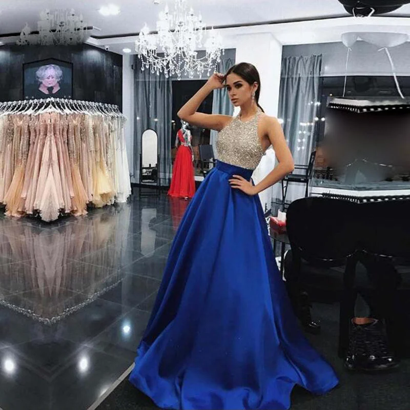 Fashion Forward Elegant Royal Blue  Beading Long Evening Dress Girls Senior Graduation Prom Gown 2020