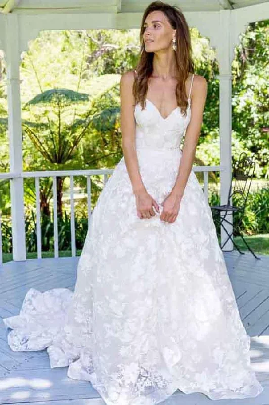 Luxury Fashion Roycebridal Fabulous White Spaghetti Straps A-Line Backless Lace Long Wedding Dresses, MW152