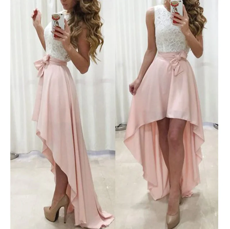 Chic Wardrobe LP3655 White and Pink High Low Prom Dress Girls Semi Formal Gown Party Dress 2018