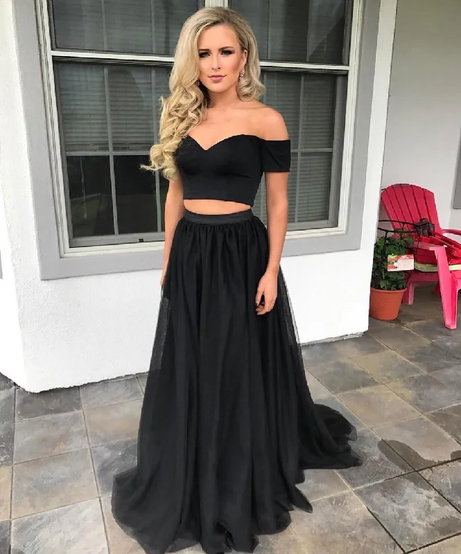 Women Wear Boutique Off the Shoulder Black Crop Top Prom Dresses Two Pieces Girls Senior Graduation Long Dress