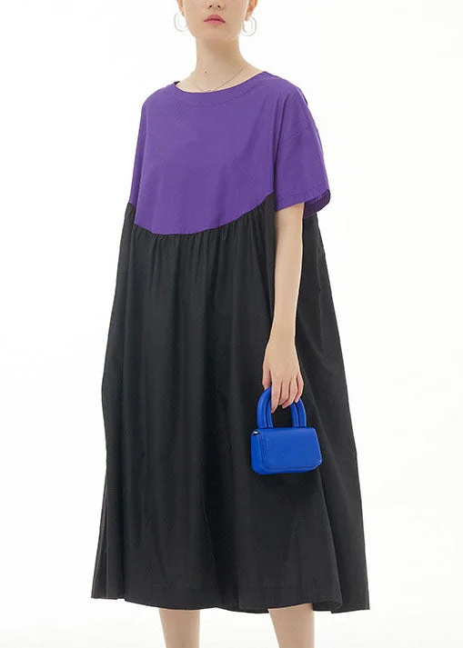 Trendy Women's Outfits Now At Irresistible Prices Simple Purple O Neck Wrinkled Patchwork Cotton Dresses Summer