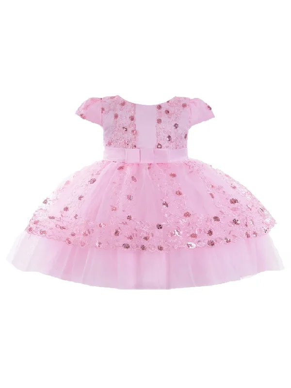 Trend Forward Women's Wear Little Girls Pink Sequin Embroidery Cape Sleeve Flower Girl Dress 2T-4T