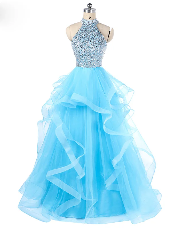Trendy Outfits For Ladies Aqua Blue Halter High Neck Princess Prom Dress Ball Gown Girls Sweet 15 anos de vestido